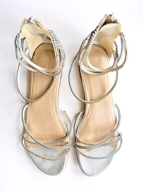 Stuart Weitzman Chaindown Metallic Silver Strappy Chain Leather Sandals 9.5 N